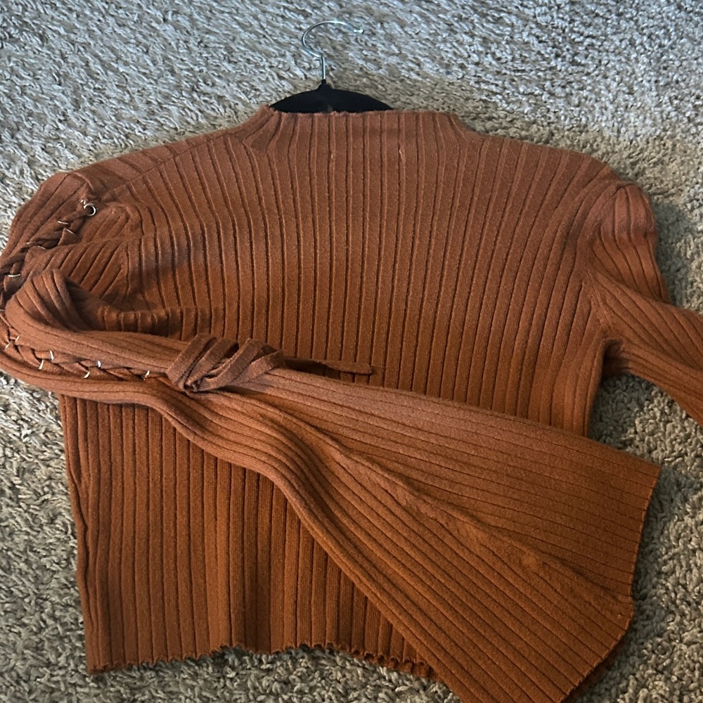 HYFVE Brown Cowl Neck Sweater with Vertical Ribbed Texture